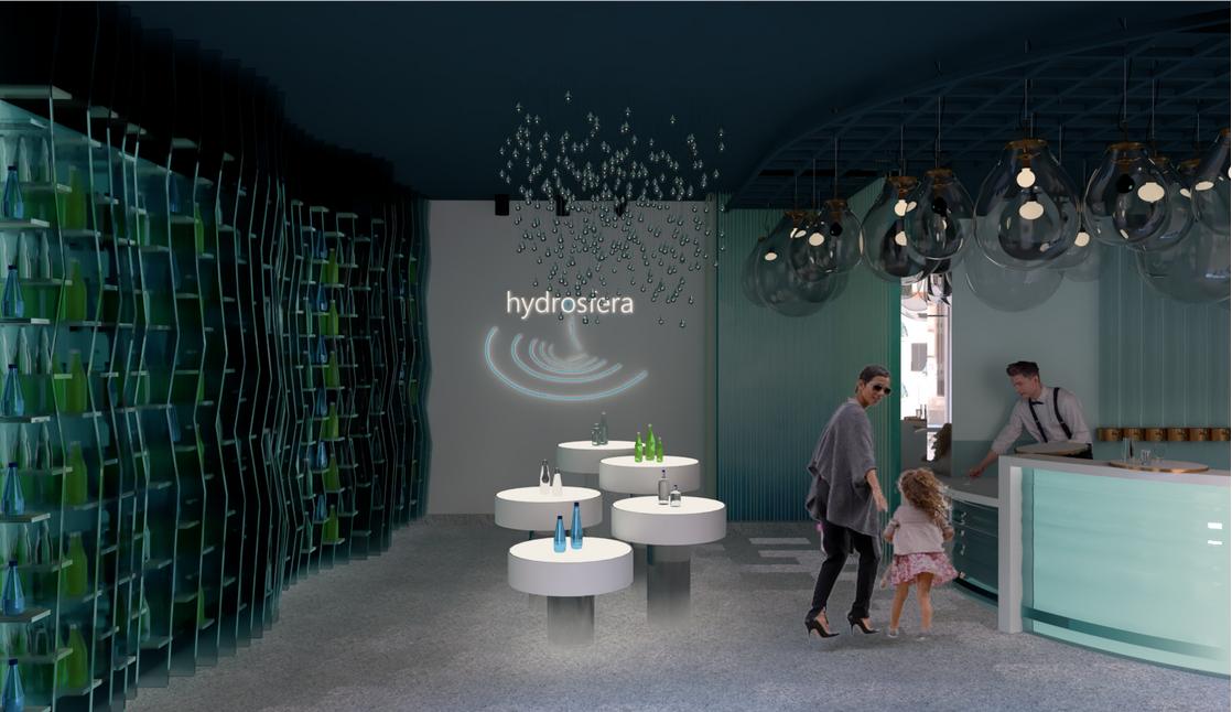 Projekt przestrzeni mikrownętrza handlowego “hydrosfera” z ekskluzywną wodą mineralną